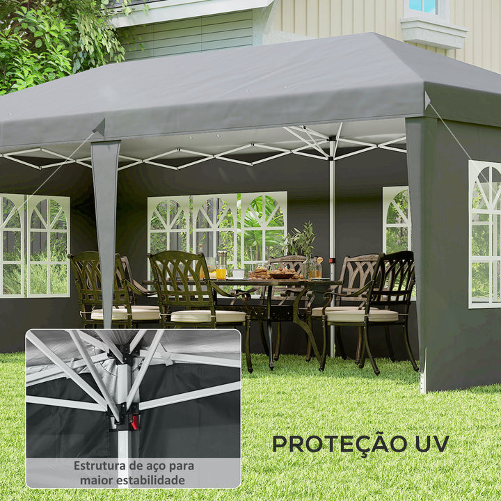 Tenda Dobrável 585x295x270 cm com 4 Paredes Laterais Amovíveis Tenda de Jardim com 4 Janelas e Bolsa de Transporte para Pátio Exterior Cinzento