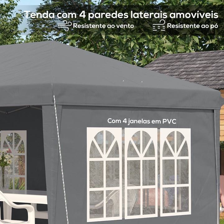 Tenda Dobrável 585x295x270 cm com 4 Paredes Laterais Amovíveis Tenda de Jardim com 4 Janelas e Bolsa de Transporte para Pátio Exterior Cinzento