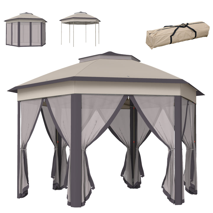 Tenda Dobrável 4x3,4 m Tenda de Jardim Hexagonal com Duplo Teto 6 Mosquiteiras Destacáveis e Saco de Transporte Impermeável Anti-UV para Exterior Festas Castanho e Bege