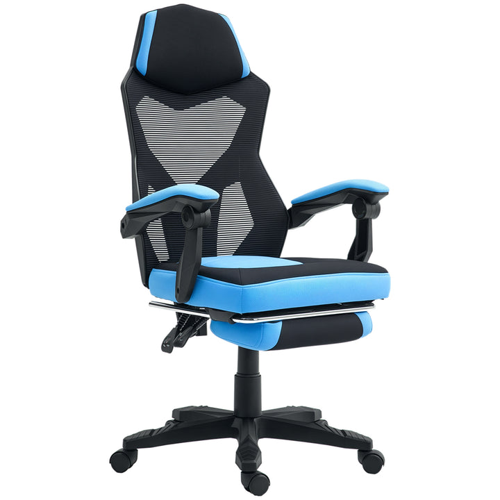 Cadeira de Escritório Ajustável em Altura Cadeira para Secretária Giratória de 360° Reclinável até 135° com Apoio para os Braços e Apoio para os Pés Retrátil 58x72x108-118 cm Azul
