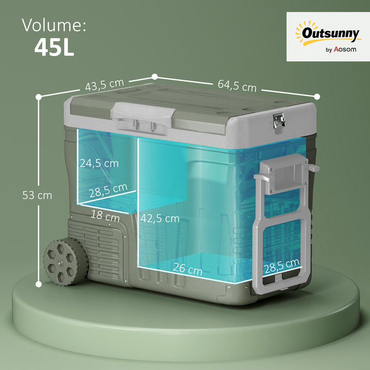 Geleira Portátil Elétrica 45L Geleira de Carro -20? a +20? 12V/24V Mini Geleira com Rodas Compressor e Ecrã LED Tátil para Casa Campismo Viagens Automóvel 64,5x43,5x53 cm Verde