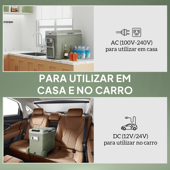 Geleira Portátil Elétrica 45L Geleira de Carro -20? a +20? 12V/24V Mini Geleira com Rodas Compressor e Ecrã LED Tátil para Casa Campismo Viagens Automóvel 64,5x43,5x53 cm Verde