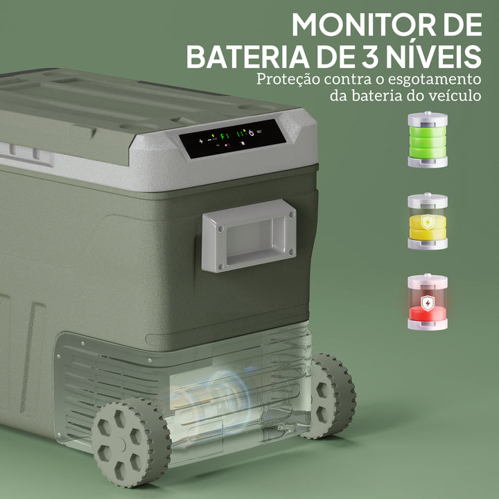 Geleira Portátil Elétrica 45L Geleira de Carro -20? a +20? 12V/24V Mini Geleira com Rodas Compressor e Ecrã LED Tátil para Casa Campismo Viagens Automóvel 64,5x43,5x53 cm Verde