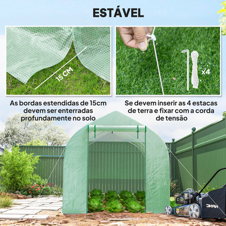 Estufa de Jardim 400x200x200cm Tipo Túnel com 6 Janelas Transpiráveis e Portas Enrolável com Zíper para Cultivo de Plantas e Verduras Verde