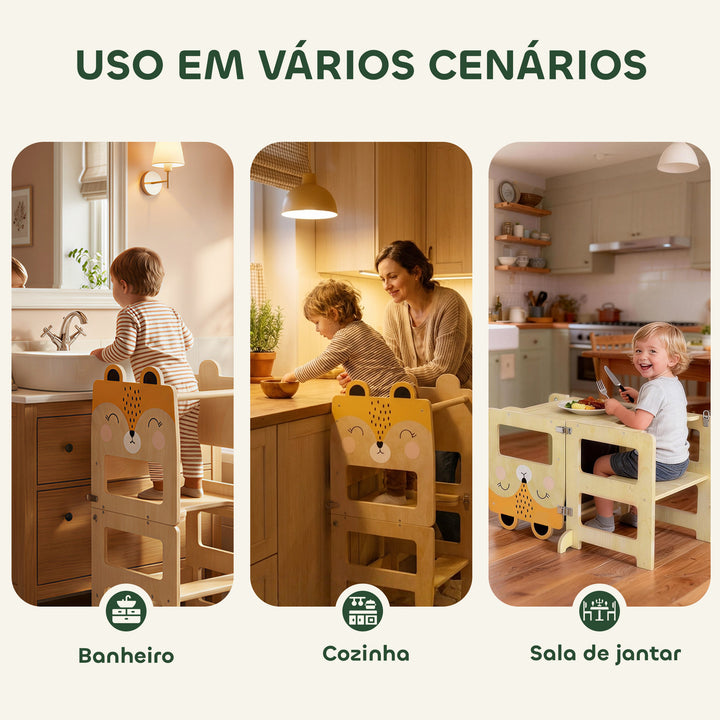 Torre de Aprendizagem 3 em 1 Dobrável Conversível em Secretária e Cadeira Banco de Aprendizagem para Crianças de 2-5 Anos com Quadro Estampas de Raposas para Casa de Banho Cozinha Madeira