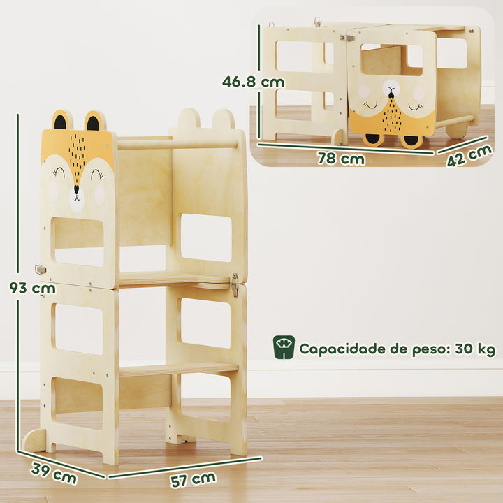 Torre de Aprendizagem 3 em 1 Dobrável Conversível em Secretária e Cadeira Banco de Aprendizagem para Crianças de 2-5 Anos com Quadro Estampas de Raposas para Casa de Banho Cozinha Madeira