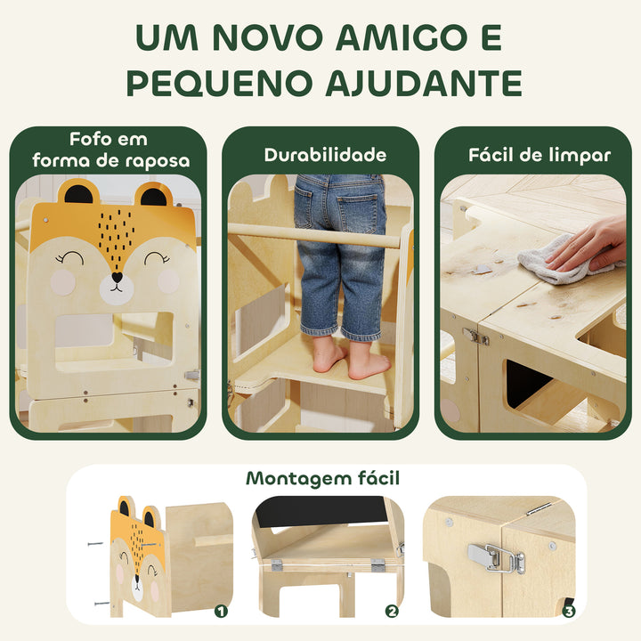 Torre de Aprendizagem 3 em 1 Dobrável Conversível em Secretária e Cadeira Banco de Aprendizagem para Crianças de 2-5 Anos com Quadro Estampas de Raposas para Casa de Banho Cozinha Madeira