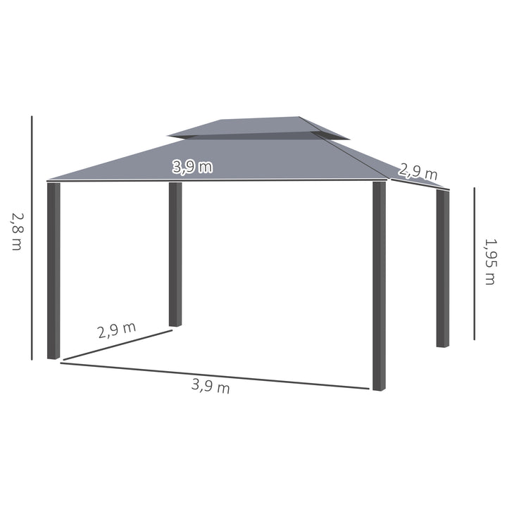 Pavilhão de Jardim 4x3 m, Gazebo com Telhado Duplo, 4 Cortinas e Rede Mosquiteira, Estrutura de Alumínio, Orifícios de Drenagem, UPF50+, Tenda para Exterior, Terraço, Cinzento