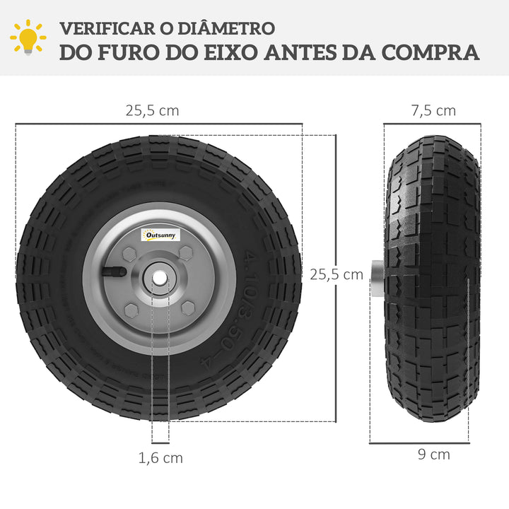 Conjunto de 4 Rodas para Carrinho Pneus de Borracha Ø255 x 75 mm Rodas de Substituição Eixo de 16 mm Carga 80 kg para Carrinhos de Mão e Jardim Preto