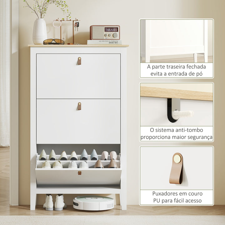 Sapateira Estreita Móvel Sapateira para Entrada com 3 Gavetas Abatíveis Prateleiras Ajustáveis e Puxadores em PU para 21 Pares de Sapatos para Corredor 80x24x131 cm Branco