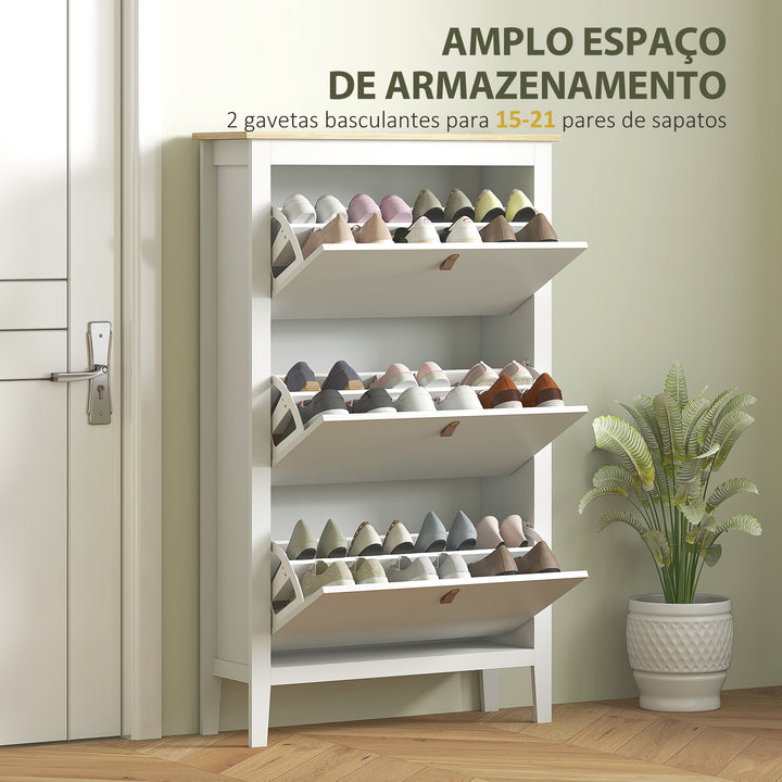 Sapateira Estreita Móvel Sapateira para Entrada com 3 Gavetas Abatíveis Prateleiras Ajustáveis e Puxadores em PU para 21 Pares de Sapatos para Corredor 80x24x131 cm Branco