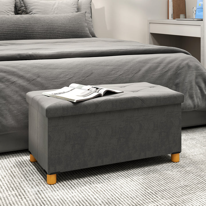 Banco de Armazenamento Dobrável Puff de Armazenamento Capacidade de 67 L Estofado em Veludo Baú de Armazenamento Quarto Carga 120 kg para Sala de Estar Entrada 76x38x38 cm Cinza