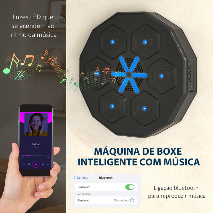 Máquina de Boxe Musical de Parede com Conexão Bluetooth e Luzes LED, para Adultos e Crianças em Casa, Escritório ou Ginásio