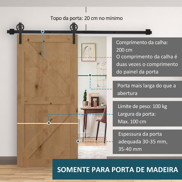 Kit de acessórios para porta de celeiro deslizante Porta de montagem Trilhos de aço carbono de conjunto de peças de metal 200x4x0.6cm