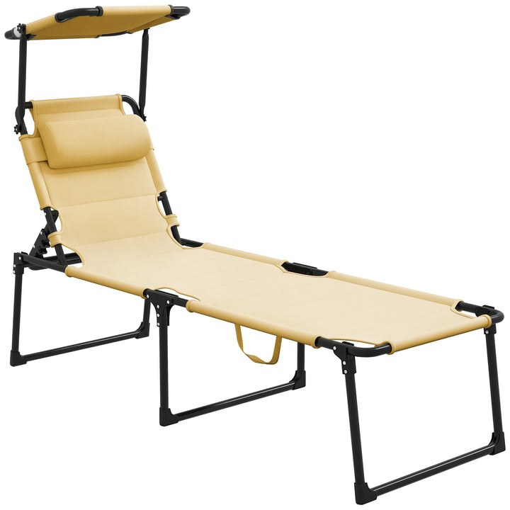 Espreguiçadeira Dobrável Espreguiçadeira de Jardim com Toldo Ajustável Encosto Regulável em 4 Níveis e Apoio de Cabeça para Jardim Terraço Piscina 70x200x45 cm Creme