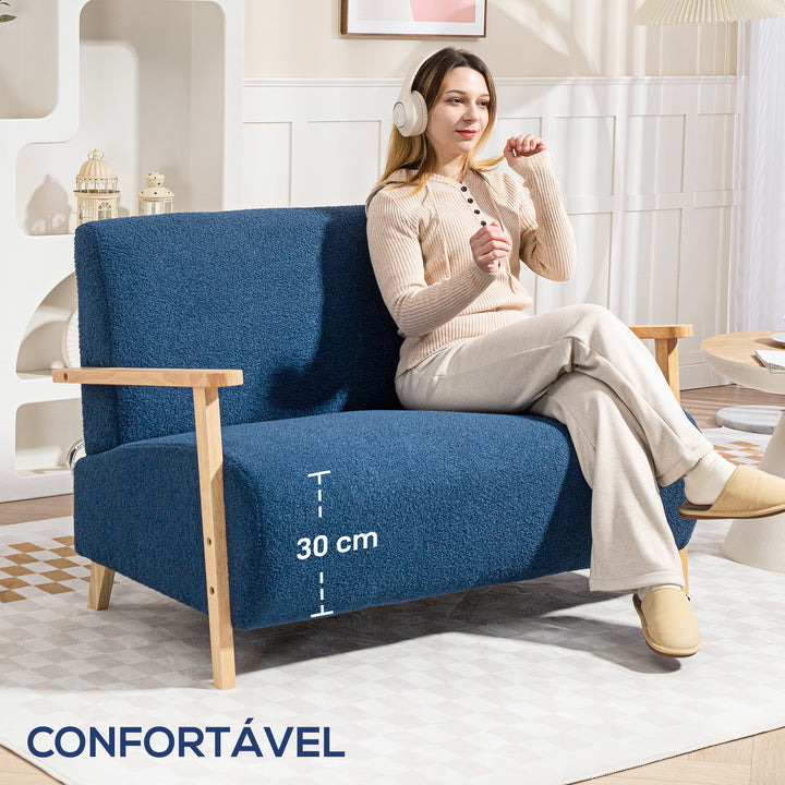 Sofá de 2 Lugares Estofado em Borreguito Sofá de Sala de Estar de 118 cm com Acolchoado Espesso Apoios de Braço e Pés de Madeira para Quarto Sala de Estar 118x76x78 cm Azul