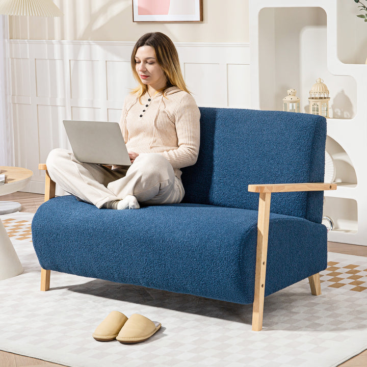 Sofá de 2 Lugares Estofado em Borreguito Sofá de Sala de Estar de 118 cm com Acolchoado Espesso Apoios de Braço e Pés de Madeira para Quarto Sala de Estar 118x76x78 cm Azul