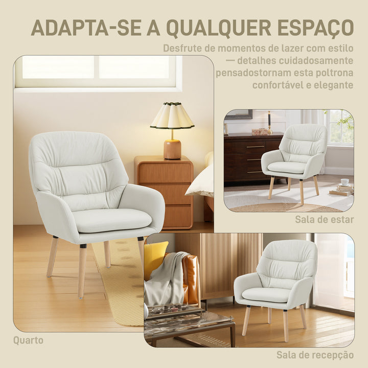 Poltrona de Sala de Estar Moderna Acolchoada de Dupla Camada Estofada em Couro Sintético Pés de Madeira 68x74x89 cm Creme