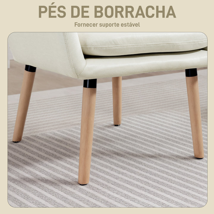 Poltrona de Sala de Estar Moderna Acolchoada de Dupla Camada Estofada em Couro Sintético Pés de Madeira 68x74x89 cm Creme