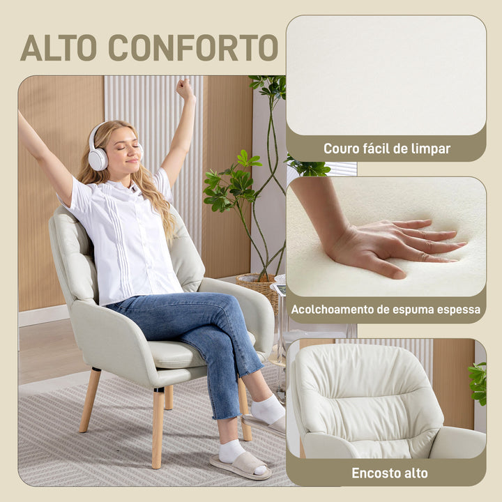 Poltrona de Sala de Estar Moderna Acolchoada de Dupla Camada Estofada em Couro Sintético Pés de Madeira 68x74x89 cm Creme