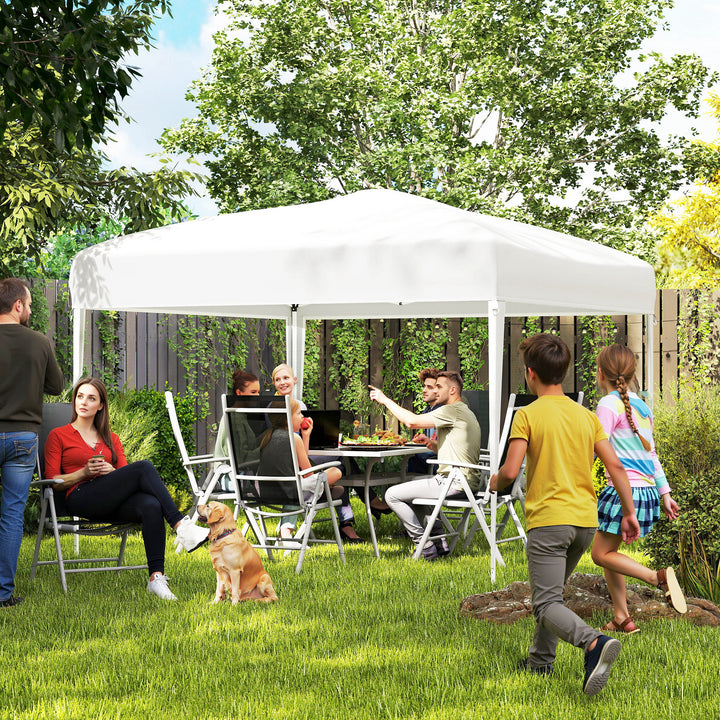 Tenda Dobrável 2,95x2,95 cm com Bolsa de Transporte Altura Ajustável Anti-UV e Impermeável para Terraço Pátio e Praia Branco Prateado