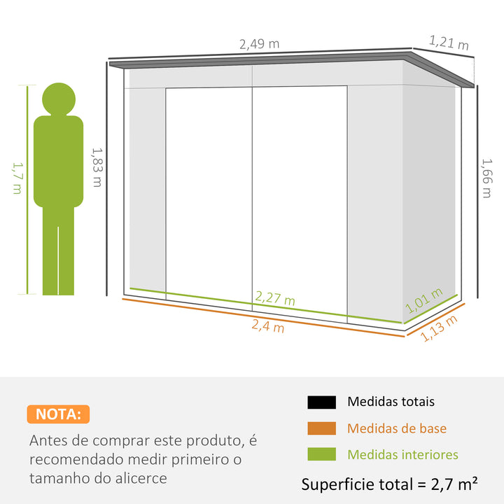 Abrigo de Jardim 2,7m² 249x121x183 cm Abrigo de Exterior com Porta Dupla 2 Ventilaç4oes e Trava Abrigo para Pátio Verde