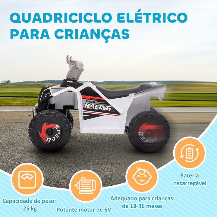 Quadriciclo Elétrico para Crianças 18-36 Meses Veículo Elétrico a Bateria de 6V com Velocidade 2,5 km/h Avanço e Marcha Atrás 70x41,5x48,5 cm Branco