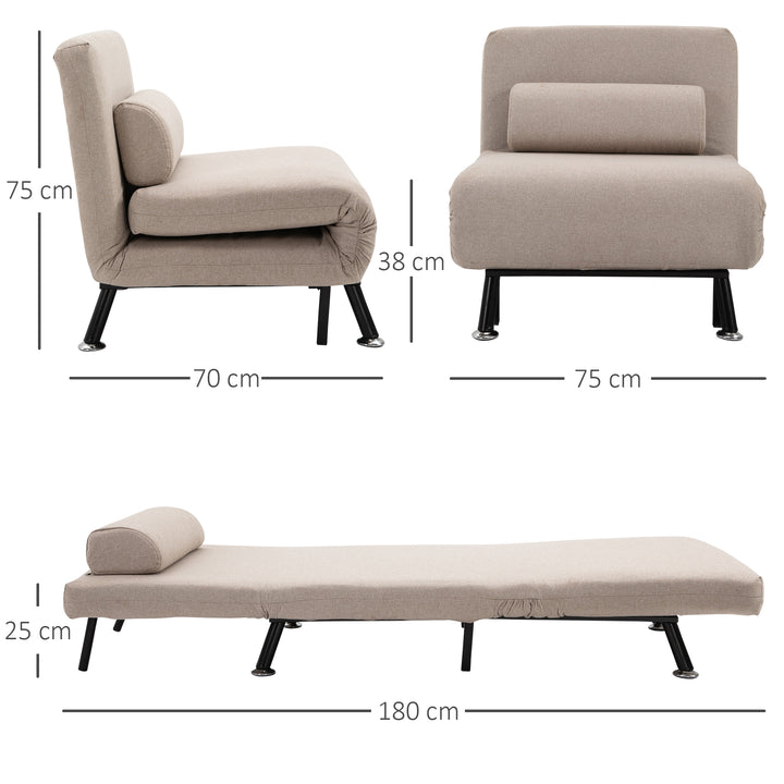 Sofá Cama Individual Sofá Cama Dobrável Estofado em Linho com Encosto Ajustável em 5 Níveis e Almofada Acolchoada para Escritório Dormitório Sala de Estar 75x70x75 cm Bege