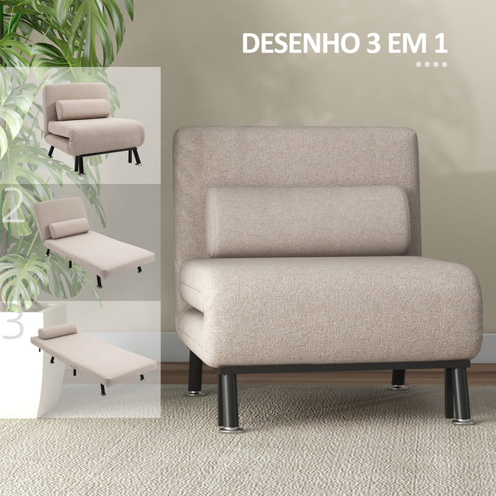 Sofá Cama Individual Sofá Cama Dobrável Estofado em Linho com Encosto Ajustável em 5 Níveis e Almofada Acolchoada para Escritório Dormitório Sala de Estar 75x70x75 cm Bege