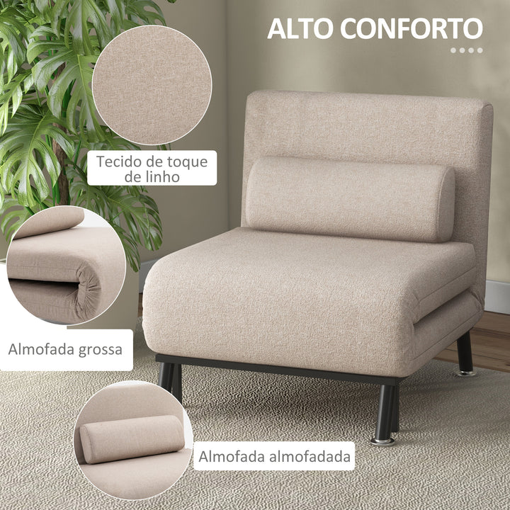 Sofá Cama Individual Sofá Cama Dobrável Estofado em Linho com Encosto Ajustável em 5 Níveis e Almofada Acolchoada para Escritório Dormitório Sala de Estar 75x70x75 cm Bege