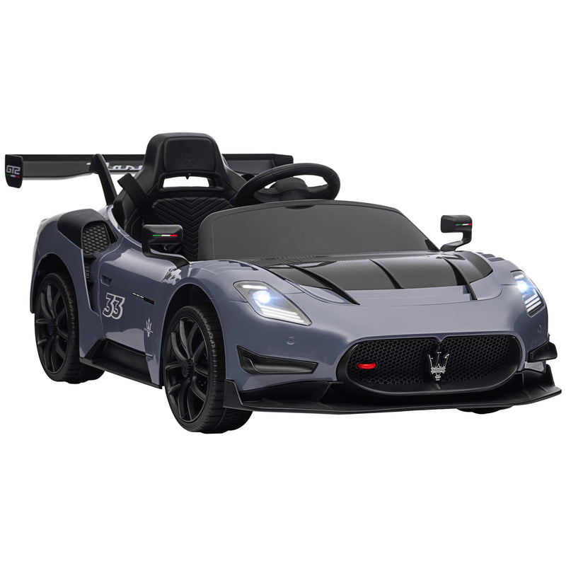 Carro Elétrico para Crianças acima de 3 Anos Carro Maserati GT2 Carro Elétrico a Bateria 12V Carro Elétrico para Crianças com Controlo Remoto Faróis LED Buzina Música e Rodas Auxiliares 115x60x45 cm Cinza