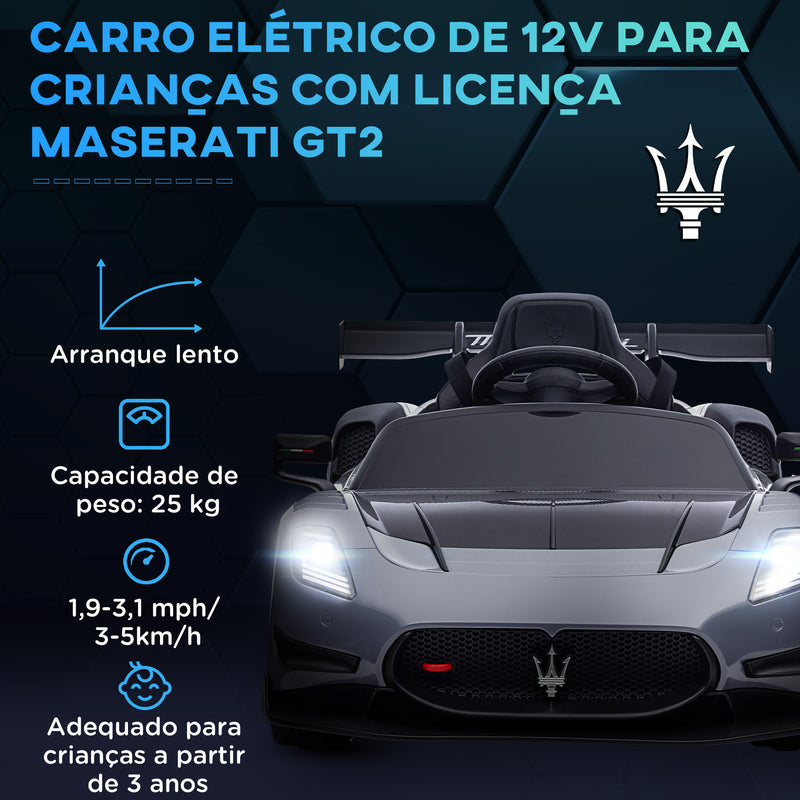 Carro Elétrico para Crianças acima de 3 Anos Carro Maserati GT2 Carro Elétrico a Bateria 12V Carro Elétrico para Crianças com Controlo Remoto Faróis LED Buzina Música e Rodas Auxiliares 115x60x45 cm Cinza