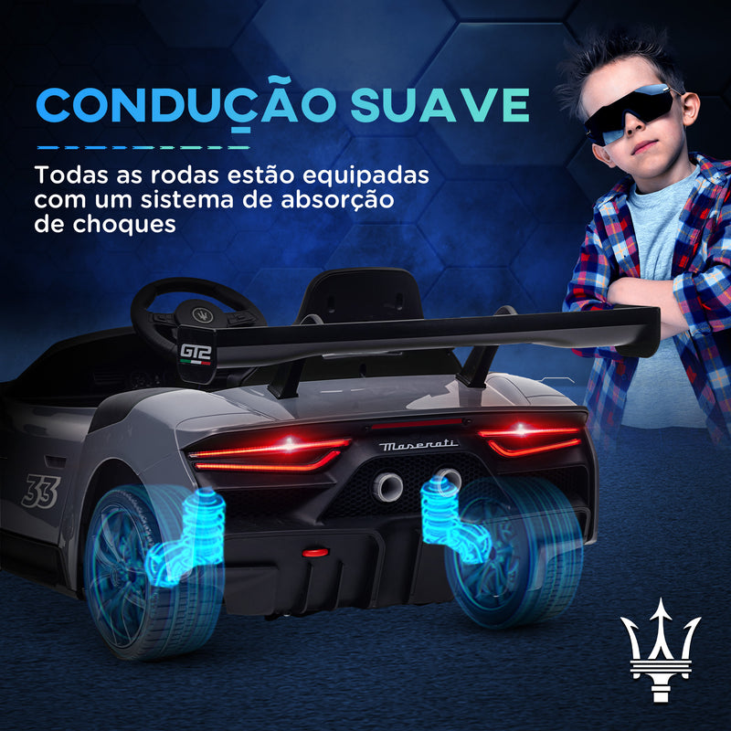 Carro Elétrico para Crianças acima de 3 Anos Carro Maserati GT2 Carro Elétrico a Bateria 12V Carro Elétrico para Crianças com Controlo Remoto Faróis LED Buzina Música e Rodas Auxiliares 115x60x45 cm Cinza