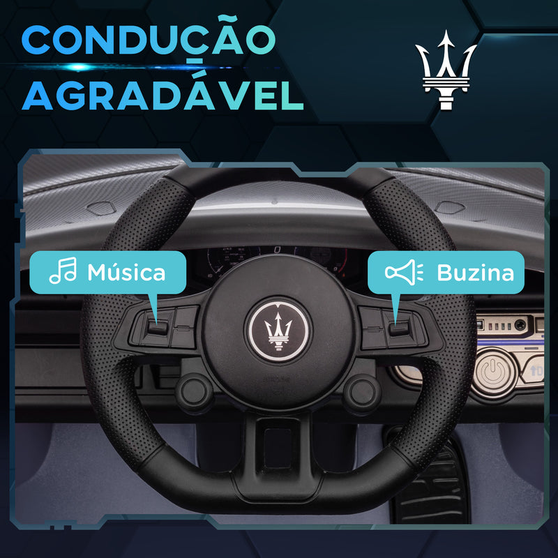 Carro Elétrico para Crianças acima de 3 Anos Carro Maserati GT2 Carro Elétrico a Bateria 12V Carro Elétrico para Crianças com Controlo Remoto Faróis LED Buzina Música e Rodas Auxiliares 115x60x45 cm Cinza