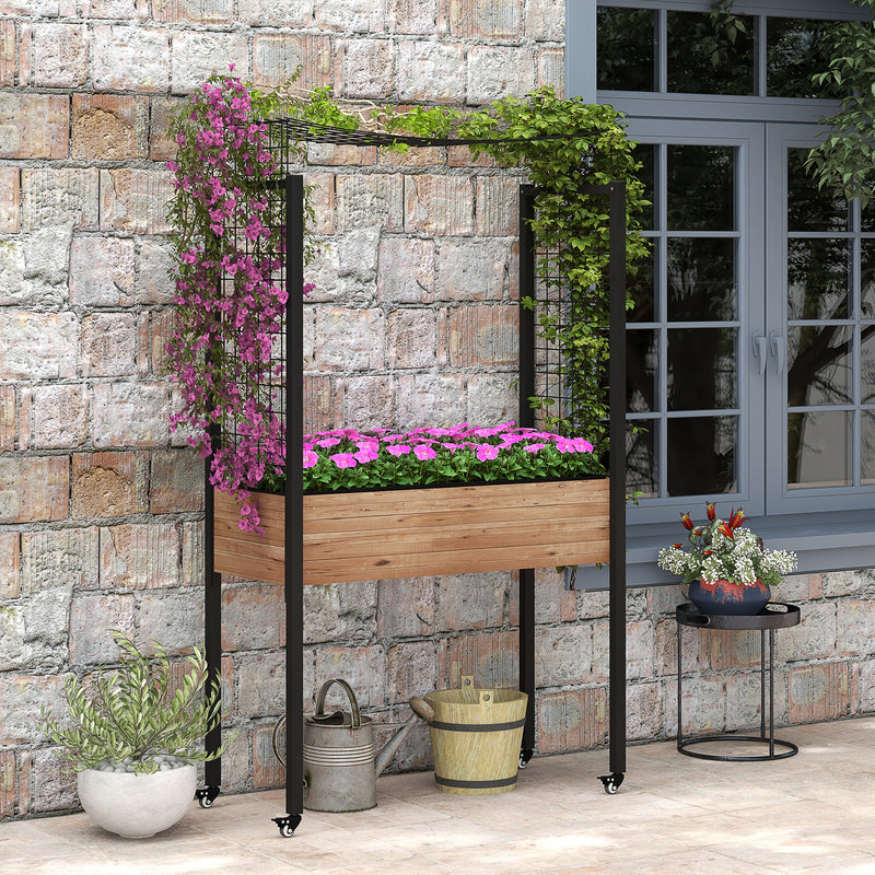 Horta Elevada com Rodas Horta Urbana Elevada com Treliça Orifícios de Drenagem para Plantas Trepadeiras Flores 110x49x190 cm Marrom