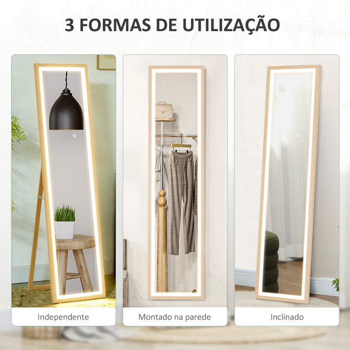 Espelho de Pé com Luz LED 40x160 cm Espelho de Corpo Inteiro com Iluminação de 3 Cores Tátil Função de Memória e Suporte para Sala de Estar Dormitório Madeira