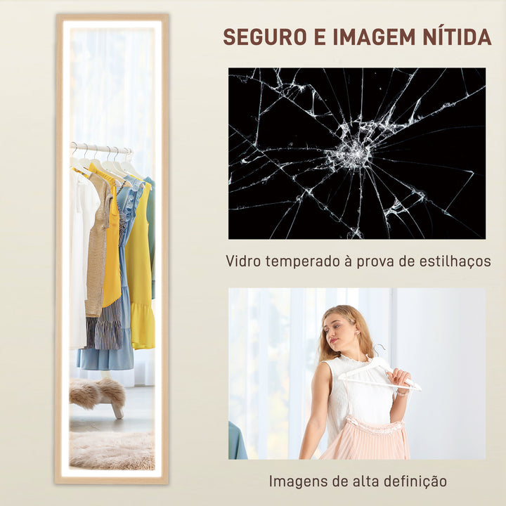 Espelho de Pé com Luz LED 40x160 cm Espelho de Corpo Inteiro com Iluminação de 3 Cores Tátil Função de Memória e Suporte para Sala de Estar Dormitório Madeira