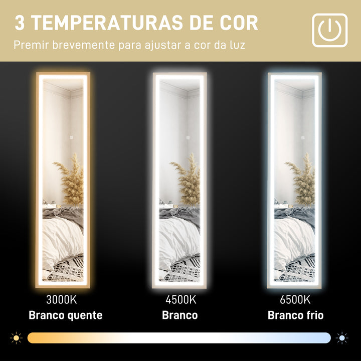 Espelho de Pé com Luz LED 40x160 cm Espelho de Corpo Inteiro com Iluminação de 3 Cores Tátil Função de Memória e Suporte para Sala de Estar Dormitório Madeira