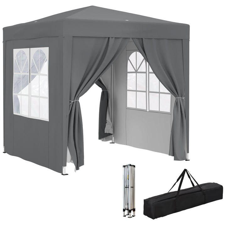 Tenda Dobrável 2x2 m Tenda Pop-up para Jardim com 4 Paredes Laterais 2 Janelas e Saco de Transporte Anti-UV Impermeável Tenda para Festas, Exterior Cinzento