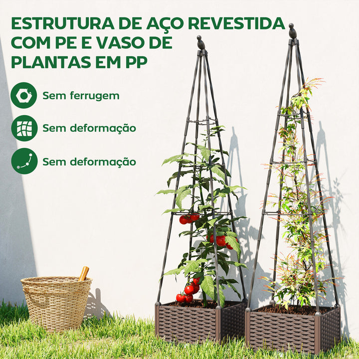 Floreira com Treliça Metálica Floreira para Plantas Trepadeiras Vaso de PP com Orifícios de Drenagem e Tampões Floreira Elevada para Jardim Pátio 40x40x175 cm Preto