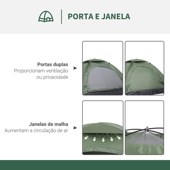 Tenda de Campismo para 2 Pessoas Tenda de Campismo Dobrável com 2 Janelas de Malha Bolso Interior Bolsa de Transporte e Estrutura de Fibra de Vidro 206x152x110 cm Verde