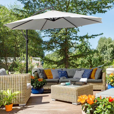 Chapéu de Sol de Jardim Ø300x250cm Chapéu de Sol Excêntrico Inclinável com Manivela Base Cruzada Suporte de Aço e Proteção Solar para Terraço Exterior Creme