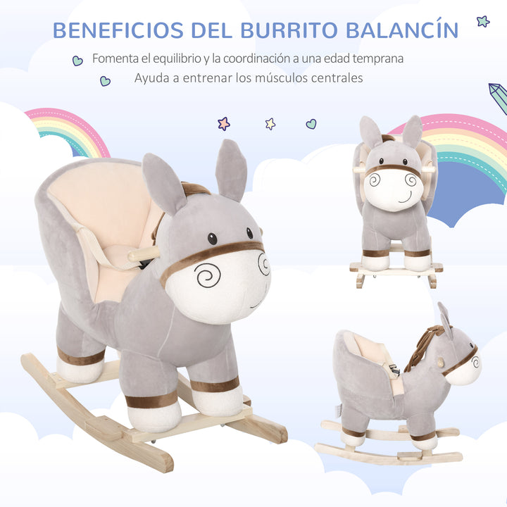 Cavalo de balanço de burro para bebê acima de 18 meses com cinto 61x34x58 cinza