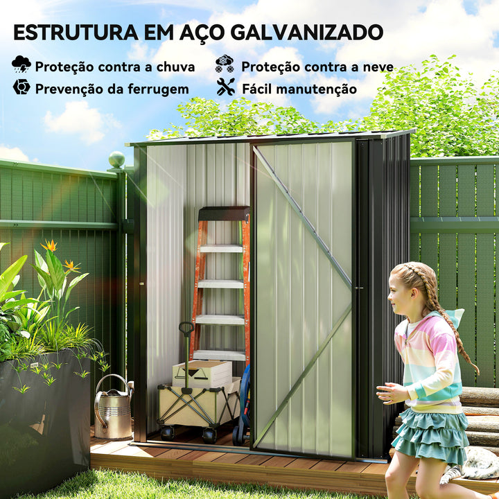 Abrigo de Jardim 1,34m² 161,5x94,5x196 cm Abrigo de Exterior de Aço Galvanizado com Porta e Fechadura para Armazenamento de Ferramentas Preto