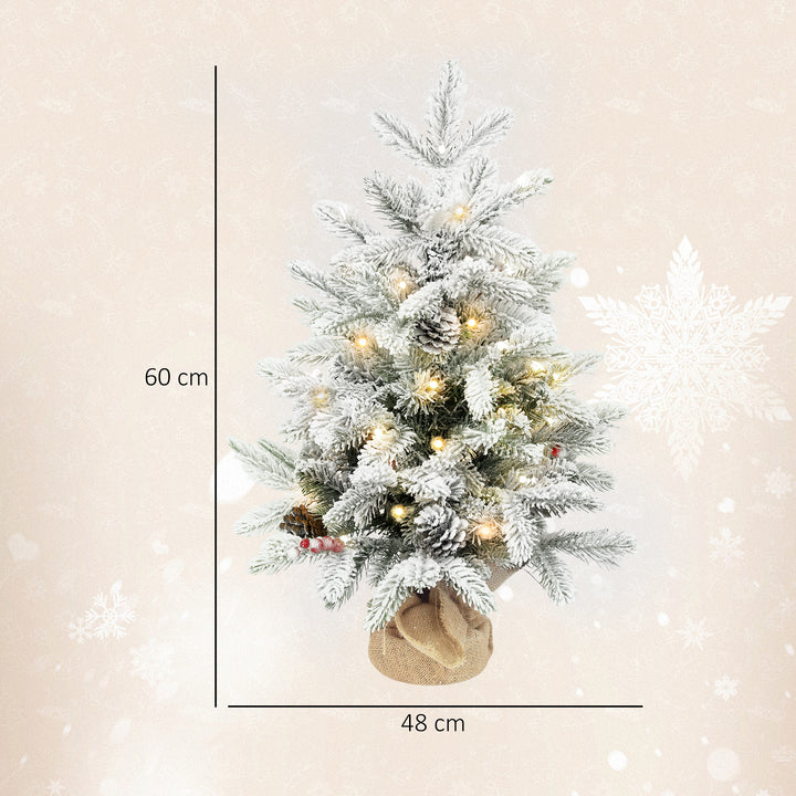 Árvore de Natal com 35 Luzes LED 60 cm Mini Árvore de Natal Artificial com 182 Ramos com Neve Pinhas Bagas e Base de Saco de Juta Decoração de Natal de Mesa para Casa Escritório Verde