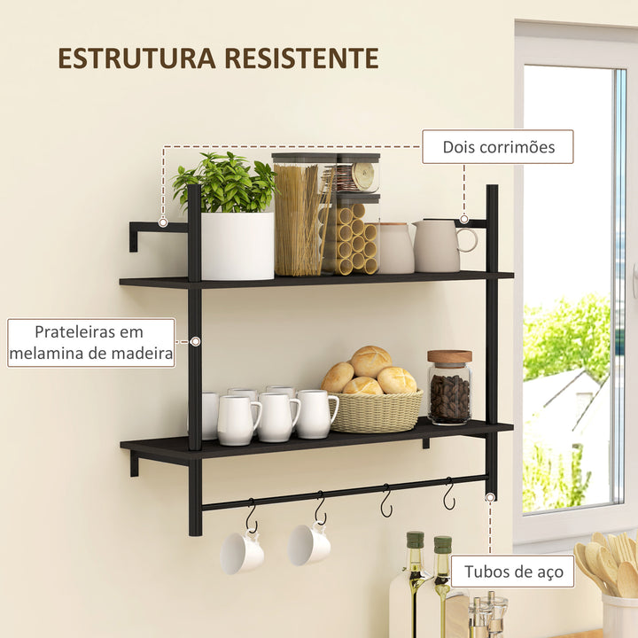 Estante de Parede de 2 Níveis Estante Suspensa Prateleiras de Parede com 4 Ganchos 2 Prateleiras e Estrutura de Metal para Entrada Cozinha Sala de Estar 80x24x65 cm Preto
