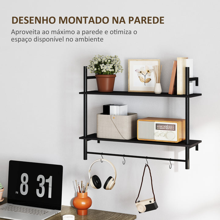 Estante de Parede de 2 Níveis Estante Suspensa Prateleiras de Parede com 4 Ganchos 2 Prateleiras e Estrutura de Metal para Entrada Cozinha Sala de Estar 80x24x65 cm Preto