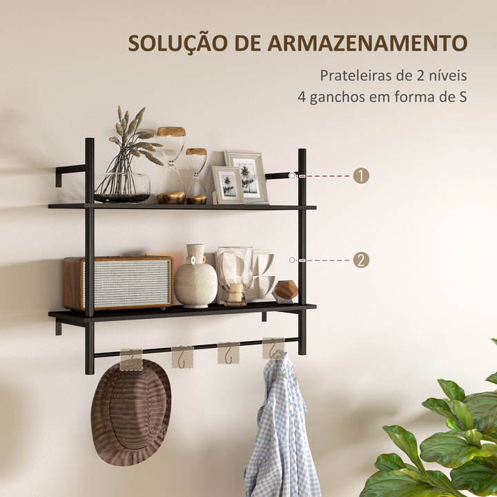 Estante de Parede de 2 Níveis Estante Suspensa Prateleiras de Parede com 4 Ganchos 2 Prateleiras e Estrutura de Metal para Entrada Cozinha Sala de Estar 80x24x65 cm Preto