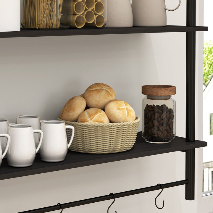 Estante de Parede de 2 Níveis Estante Suspensa Prateleiras de Parede com 4 Ganchos 2 Prateleiras e Estrutura de Metal para Entrada Cozinha Sala de Estar 80x24x65 cm Preto
