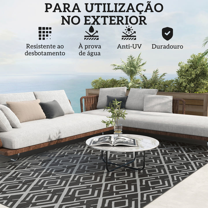 Tapete de Exterior 182x274 cm Tapete Reversível com Desenho Geométrico Impermeável Bolsa de Transporte para Varanda Pátio Campismo Praia Preto